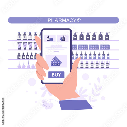 Vector illustration of online pharmacy store. Purchasing medicines