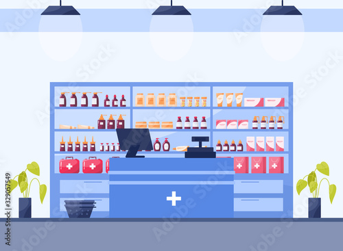 Modern pharmacy interior with shelves with medicaments and drugs.