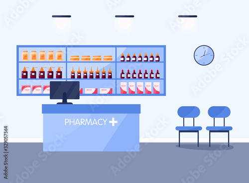 Modern pharmacy interior with shelves with medicaments and drugs.