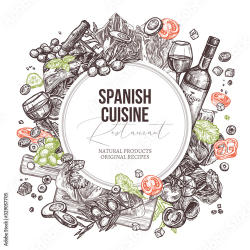Vector sketch food spanish cuisine dishes background with round banner. Mediterranean menu. Hand drawn illustration with meat, wine, jamon, vegetables, salads olive