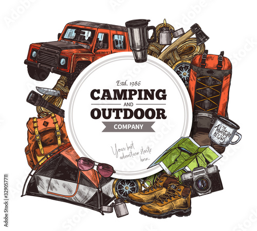 Vector hand drawn background with touristic accessories and equipment for outdoor adventure and camping. Sketch illustration collection. Design template