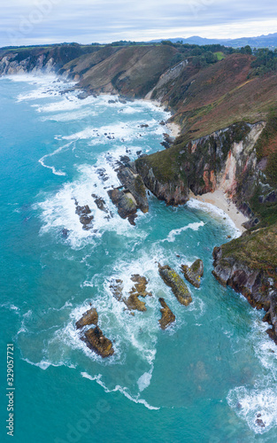 Aerial view of the coast around La Franca beach, Coastal landscape, Cantabrian Sea, Ribadedeva, Asturias, Spain, Europe