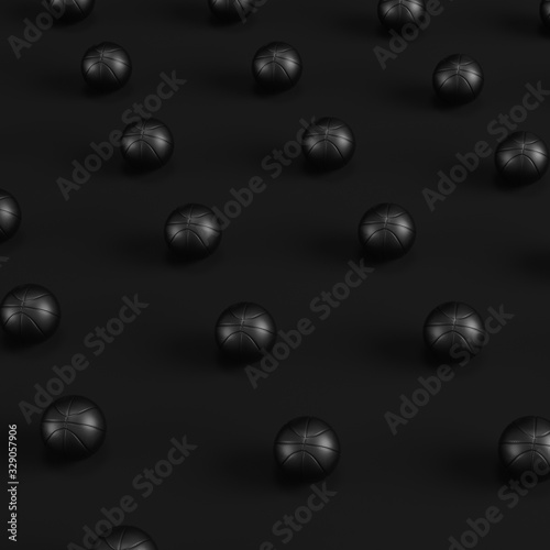 Array of black basketball balls on dark background. Minimalism concept.