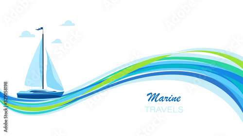 Sailing yacht. Vector poster with yachts on the sea wave and place for text. Transport, leisure, party, travel, tourism, symbol. Vector illustration isolated on a white background.