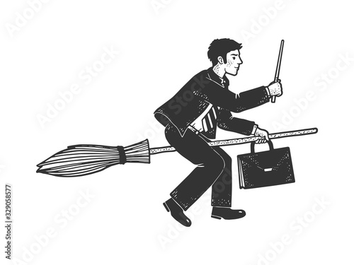 businessman magician flies on a broomstick sketch engraving vector illustration. T-shirt apparel print design. Scratch board imitation. Black and white hand drawn image.