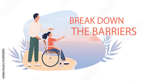 Happy little girl on wheelchair with her father on a beach.