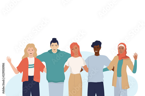 Group of happy friend of different race and gender. Young friends