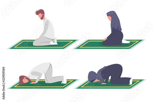 Muslim man and woman praying position. Man and woman