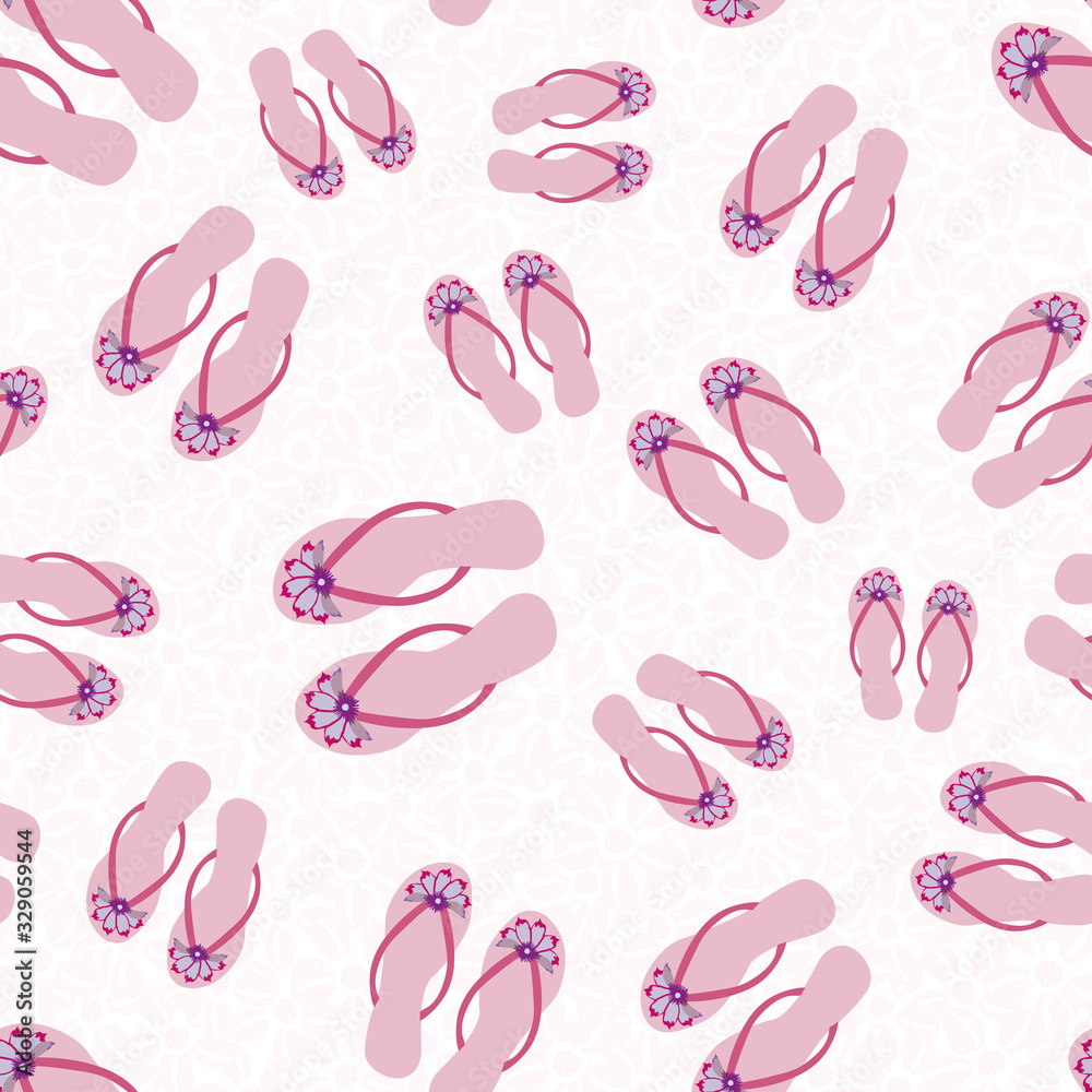 Flip flop shoe seamless vector pattern background. Pretty sandals with tropical flower decoration beach wedding backdrop. Pink hues. All over print for vacation and honeymoon resort concept Flip flop shoe seamless vector pattern background. Pretty sandals with tropical flower decoration beach wedding backdrop. Pink hues. All over print for vacation and honeymoon resort concept