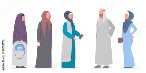 Modern muslim people talk to each other. Arabian people wearing