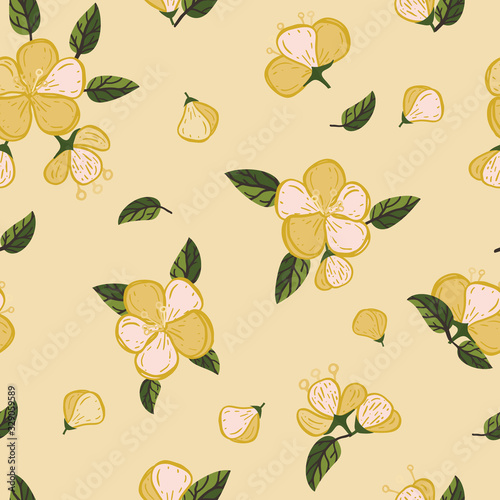 Vector yellow quince fruit blossom seamless pattern print background.