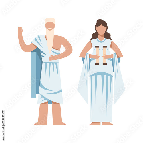 ancient Greek priest with torch, funny vector cartoon character portrait