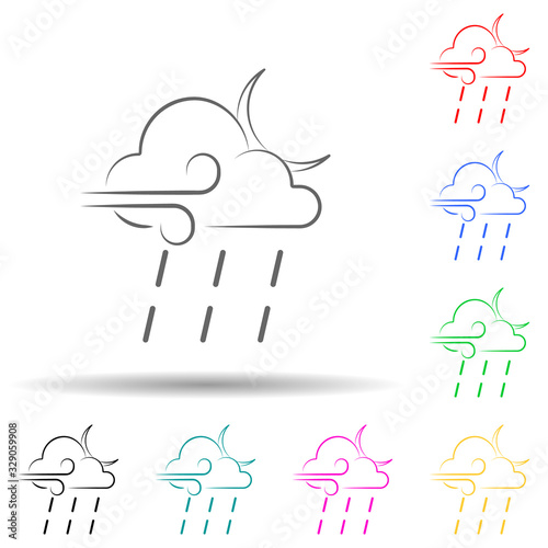 a sign of a night rain with a wind multi color style icon. Simple thin line  outline vector of weather icons for ui and ux  website or mobile application