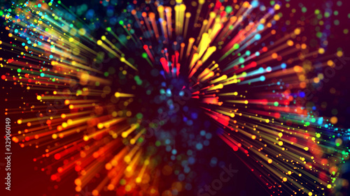 3d abstract beautiful background with light rays colorful glowing particles, depth of field, bokeh. Abstract explosion of multicolored shiny particles or light rays like laser show.