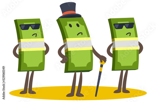 Money Character Capitalist in a top hat with a cane. And two Money Characters security.