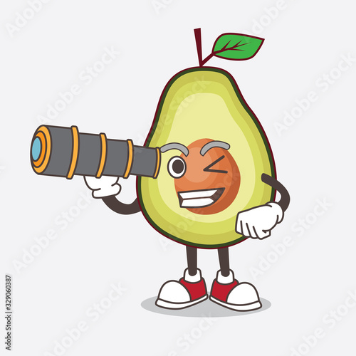 Avocado Fruit cartoon mascot character using a monocular