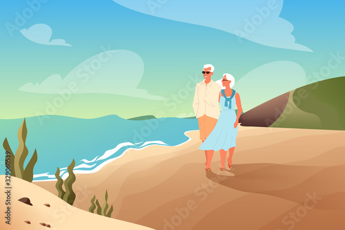 Happy seniors spending time on a tropical beach with palms