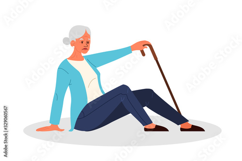 Retired women fell down. Old woman with her arm on her heart.