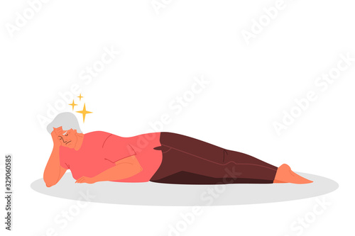 Retired women fell down. Old woman with her arm on her heart.