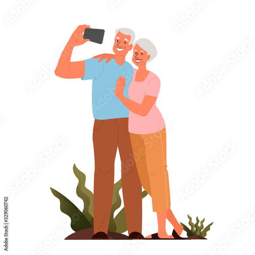 Old couple taking selfie together. Elderly characters taking photo