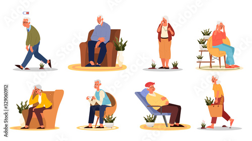 Tired and sleepy old man and woman. Eldery people with lack of energy