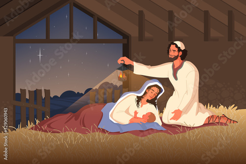 Bible narratives about the Nativity of Jesus. Mary, Joseph and baby Jesus