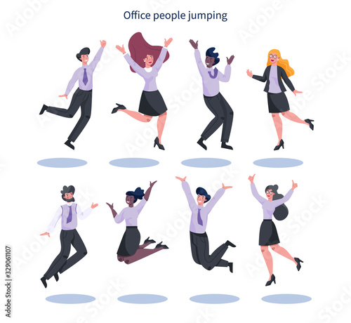 Jumping business people set. Happy and successful employee