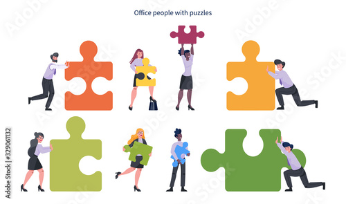 Teamwork concept. Business man and woman holding piece