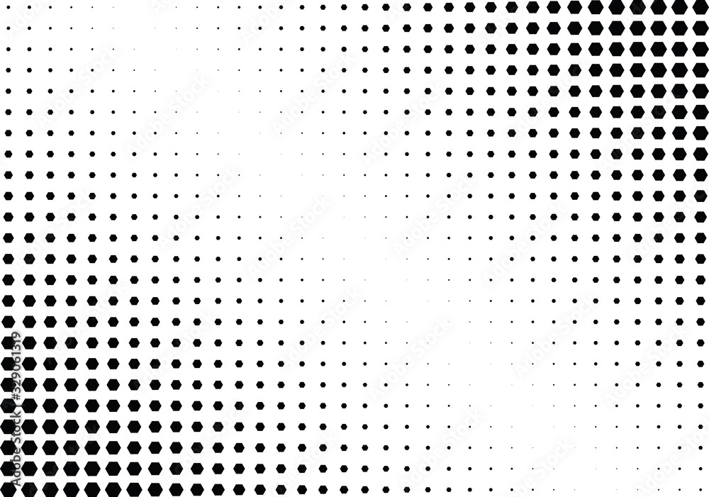 Abstract halftone dotted background. Monochrome pattern with hexagon. Vector modern futuristic texture for posters, sites, business cards, postcards, labels and stickers. Design mock-up layout. Abstract halftone dotted background. Monochrome pattern with hexagon. Vector modern futuristic texture for posters, sites, business cards, postcards, labels and stickers. Design mock-up layout.