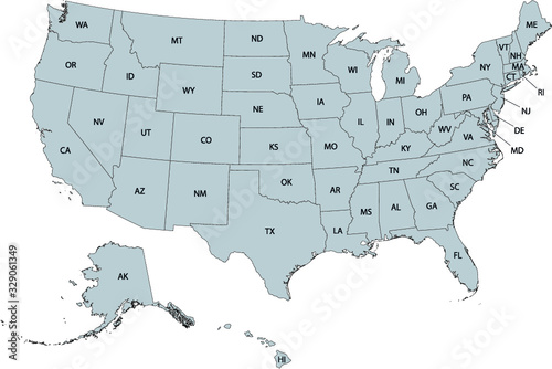 Vector Illustration of the Gray USA Federal Map With State Names Abbreviations