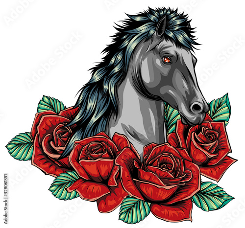 Embroidery horse head and wild roses, dogrose flowers.