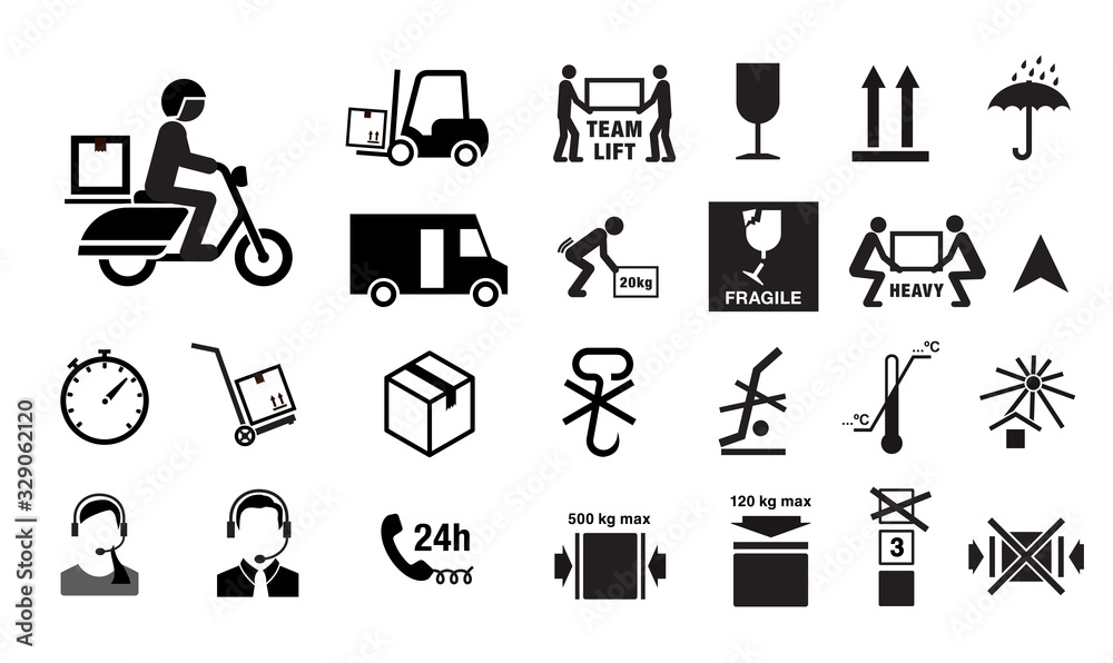 Set of packaging marks and delivery icons. Vector elements. Can use for your design, interface, website, infographic and etc. Prepared for use in any size on different devices. EPS10. Set of packaging marks and delivery icons. Vector elements. Can use for your design, interface, website, infographic and etc. Prepared for use in any size on different devices. EPS10.