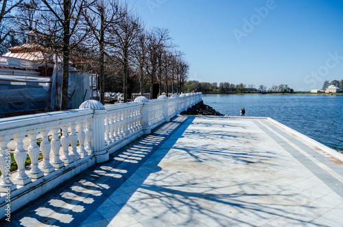 Monplaisir Palace in Peterhof, terrace overlooking the Gulf of Finland, Russia, St. Petersburg, 1 May 2017