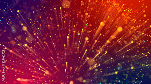 Abstract explosion of multicolored shiny particles like sparkles with light rays like laser show. 3d abstract background with light rays colorful glowing particles, depth of field, bokeh.