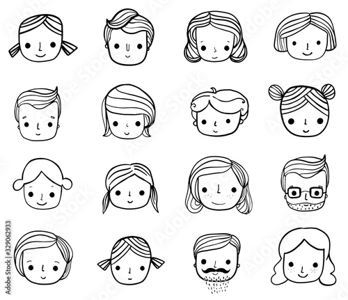 Cute hand drawn vector face icons or avatars of men, women and kids with different expressions and hairstyles