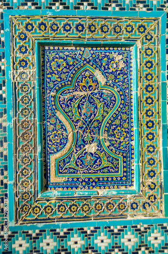 Eastern mosaic on the facade of the mosque, Samarkand, Uzbekistan, July 3, 2017