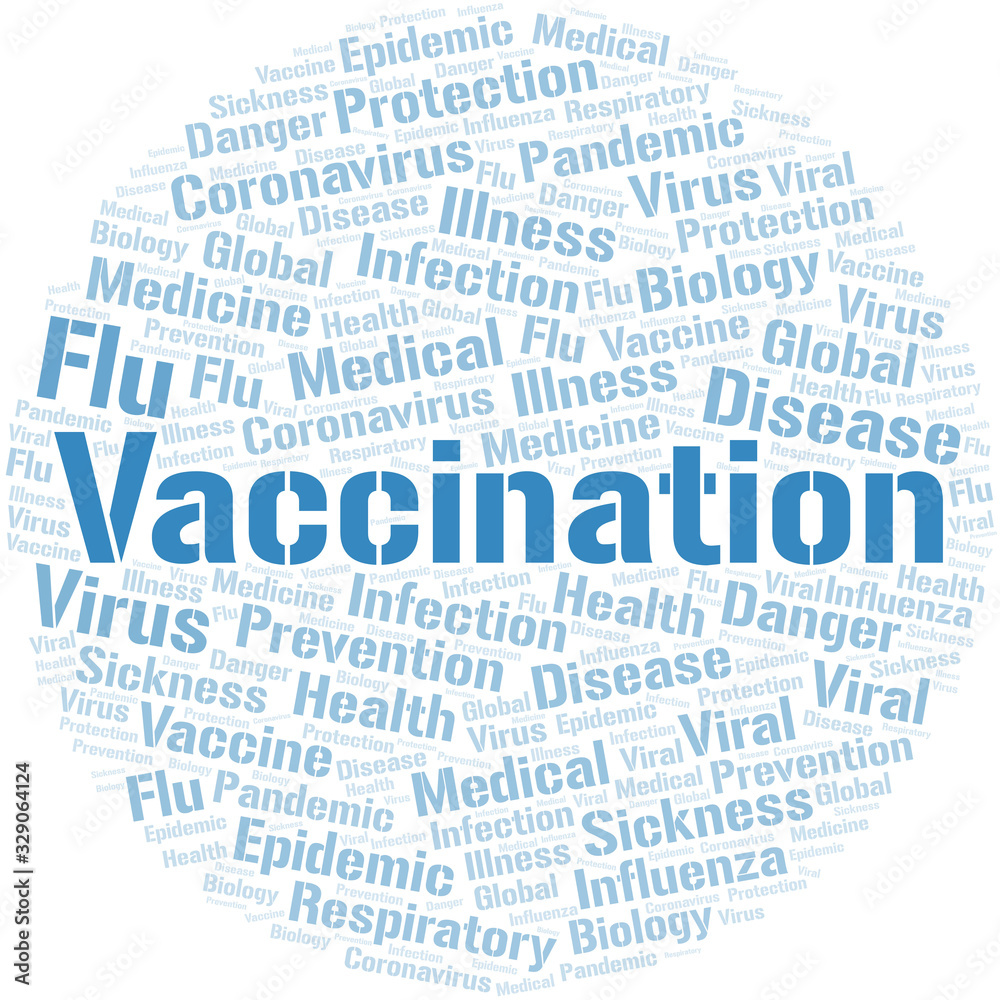 Vaccination word cloud on white background.