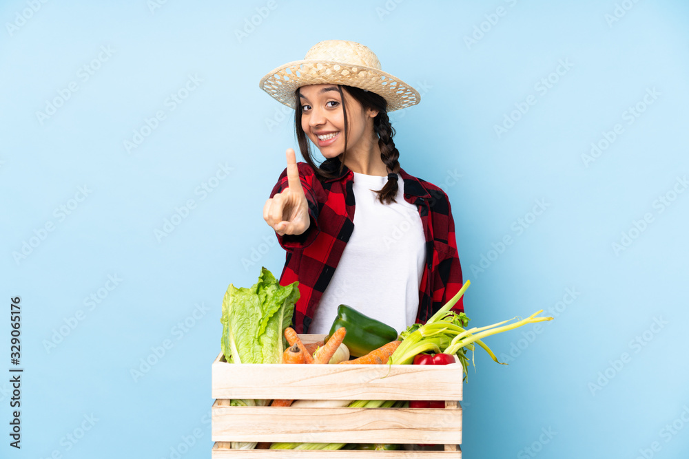 Young farmer Woman holding fresh vegetables in a wooden basket showing and lifting a finger