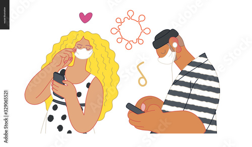 Waiting in line coronavirus - modern flat vector concept illustration of people standing in line wearing mask, talking to each other. Multicultural, multilingual people, coronavirus protection concept