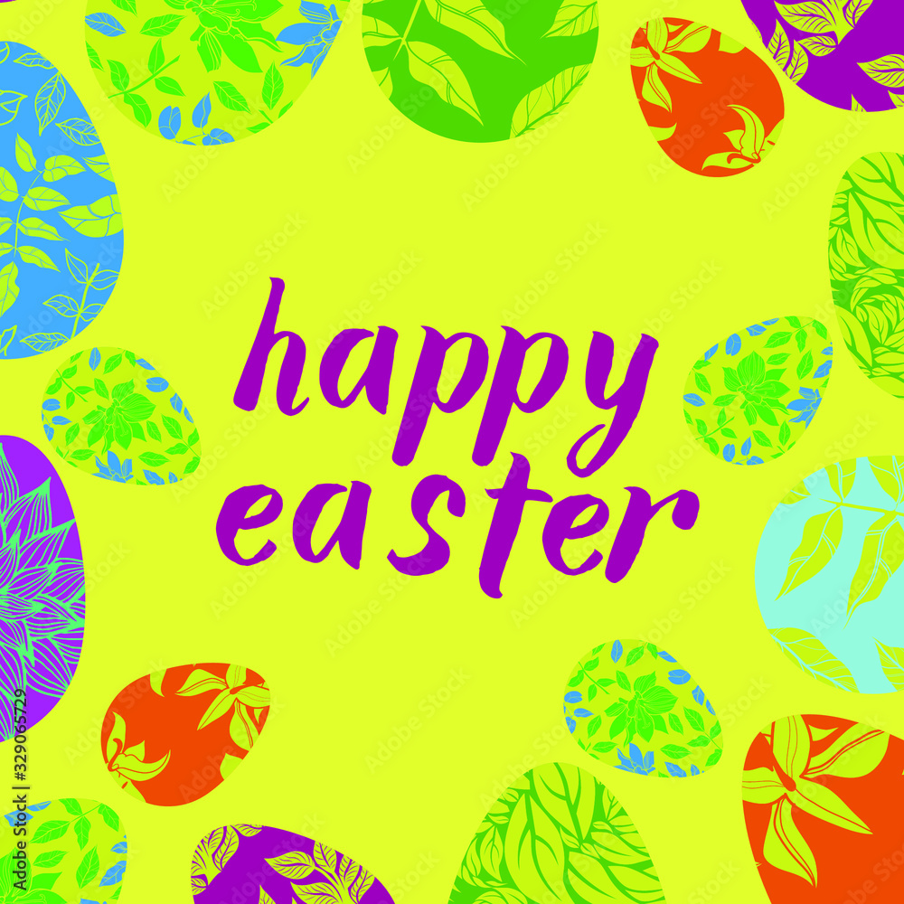 Hand lettering HAPPY EASTER card illustration. Colorful egg. Easter egg hunt. 