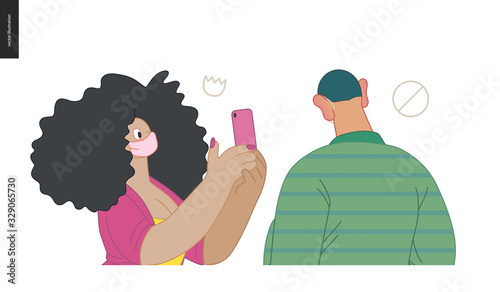 Waiting in line coronavirus - modern flat vector concept illustration of people standing in line wearing mask, talking to each other. Multicultural, multilingual people, coronavirus protection concept