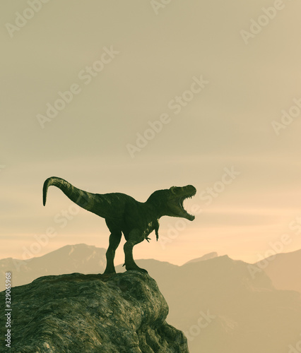 Tyrannosaurus rex on top of the peak 3d rendering