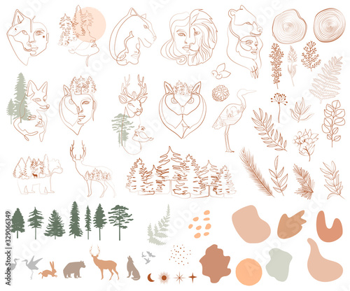 Set of one line style minimalistic objects. Forest animals, woman face, tree, plants, leaf and abstract shapes. Editable vector illustration.