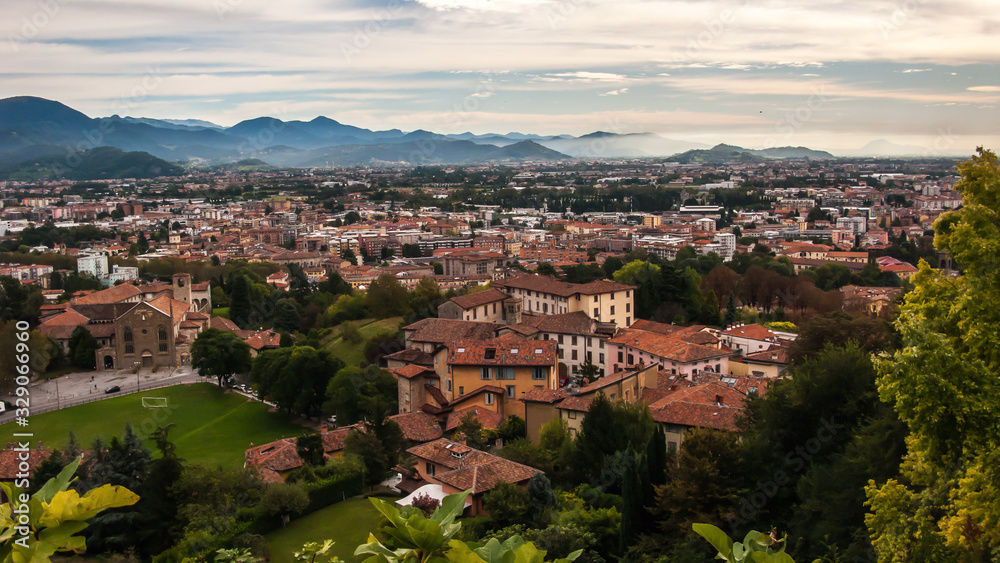 panoramic mountains and city view from the castle of Rocca (Rocca di Bergamo), Bergamo, Italy