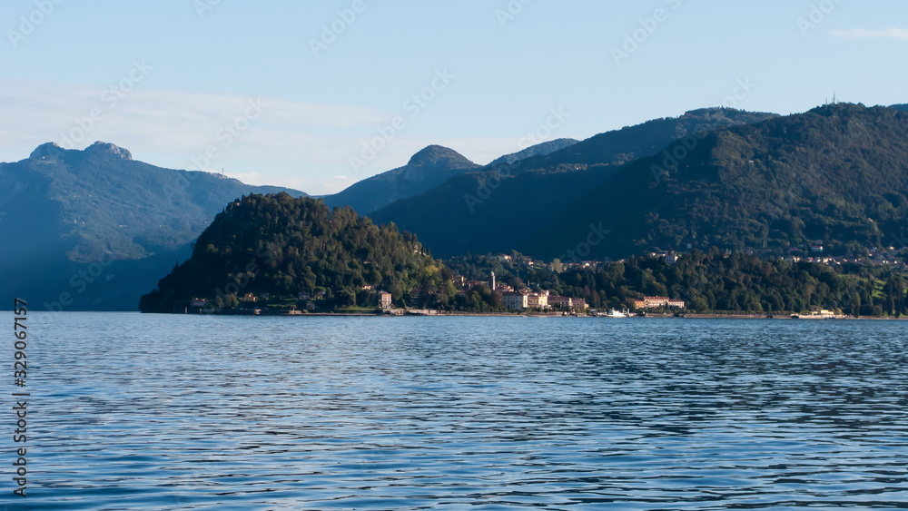 panoramic view of Lake Como, the Alps and the city of Bellagio from the ferry, Lake Como, Italy