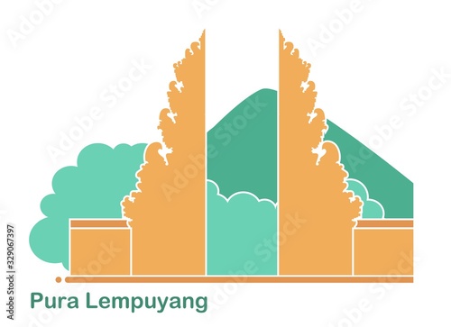 Pura Lempuyang temple on the background of mountains and clouds. Flat icon alinese temple