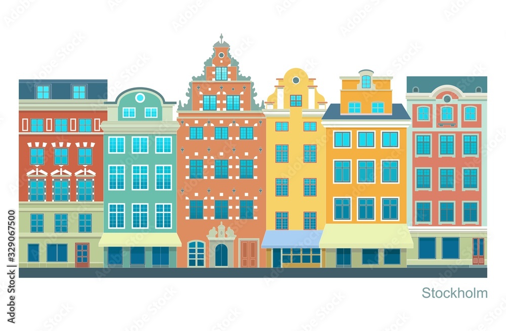 Stockholm - Stortorget place in Gamla stan. Stylized flat highly detailed illustration of an old European town