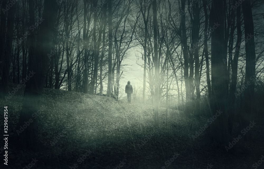 man in dark scary forest at night - obrazy, fototapety, plakaty 