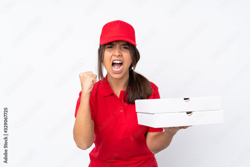 Young Pizza delivery girl over isolated white background frustrated by a bad situation Young Pizza delivery girl over isolated white background frustrated by a bad situation