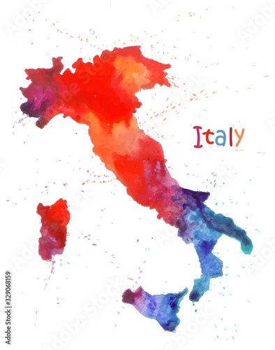 Watercolor map of Italy. Stylized image with spots and splashes of paint
